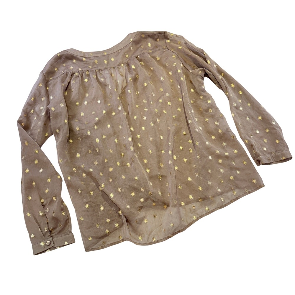 Bisou Bisou Michele Bohbot Gold Starburst Sheer Blouse Taupe Brown L  328C4 - Picture 7 of 7
